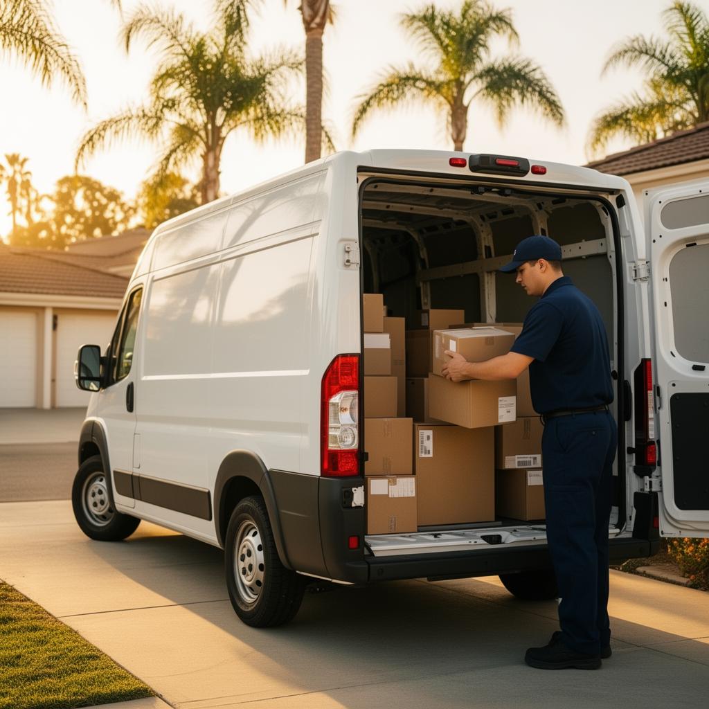 Flex-Ship courier loading packed boxes into a van in an Orange County neighborhood