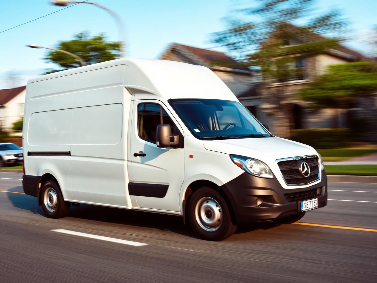 White Flex-Ship cargo van in motion on a suburban street